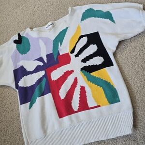Vintage 80s Lara Ferrante Abstract Colorblock Knit Sweater Raw Edge Small Medium